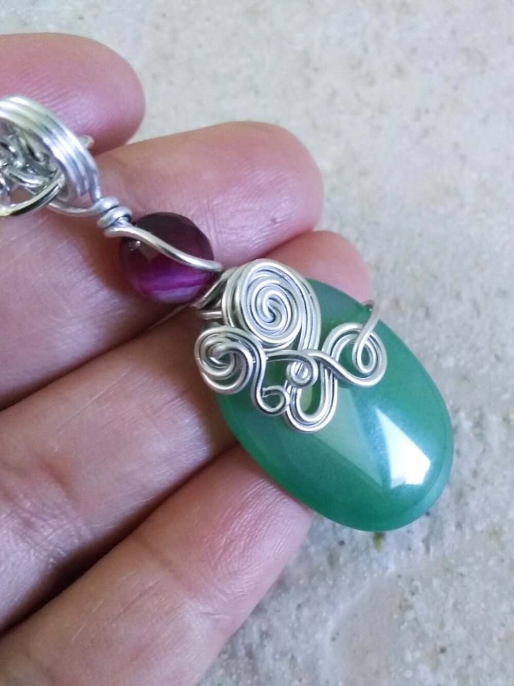 Handmade! Green + Raspberry Agate Pendant w. 18" Rope Chain - Vibrantly Unique! - Picture 9 of 11